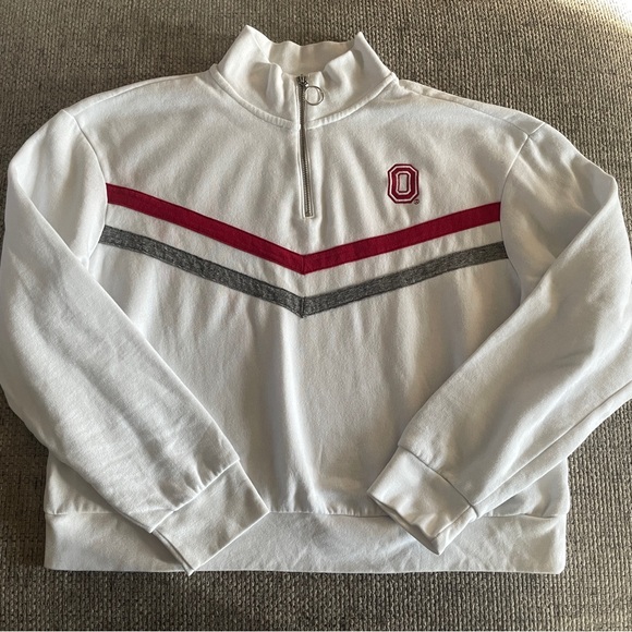 Tailgate Tops - AE Tailgate White Ohio State Quarter-Zip Sweatshirt with Red and Gray Stripes